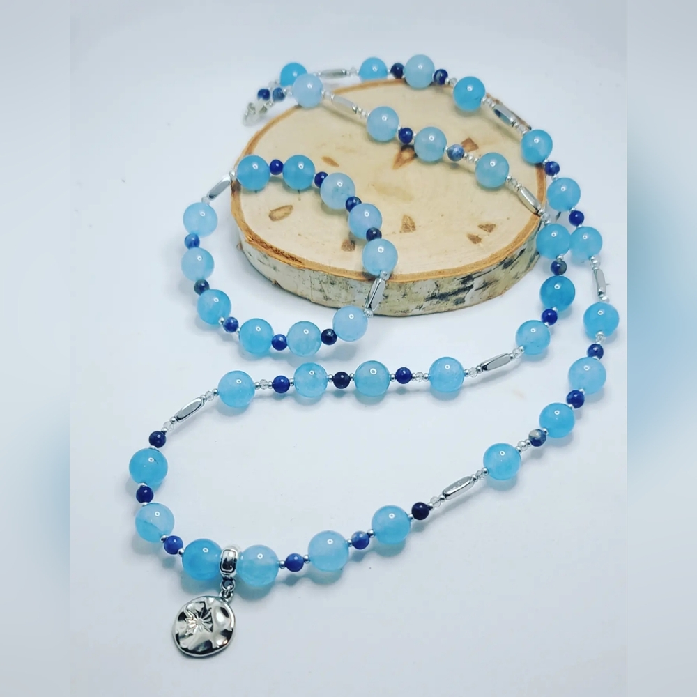 Aquamarine Quartz, Lapis Lazuli, Sun Charm necklace